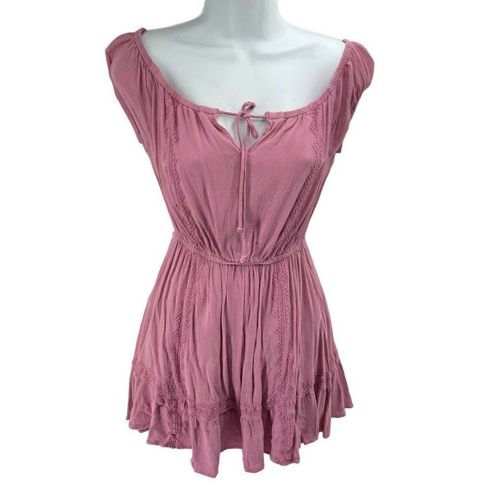 Society Amuse Womens Pullover Dress Embroidered Mini Ruffle Pink Size XS